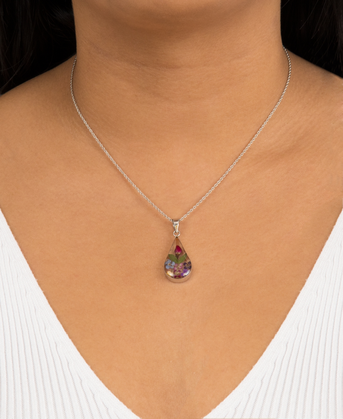 Medium Teardrop Dried Flower Pendant with Chain in Sterling Silver. Available  Blue or Yellow - MULTI