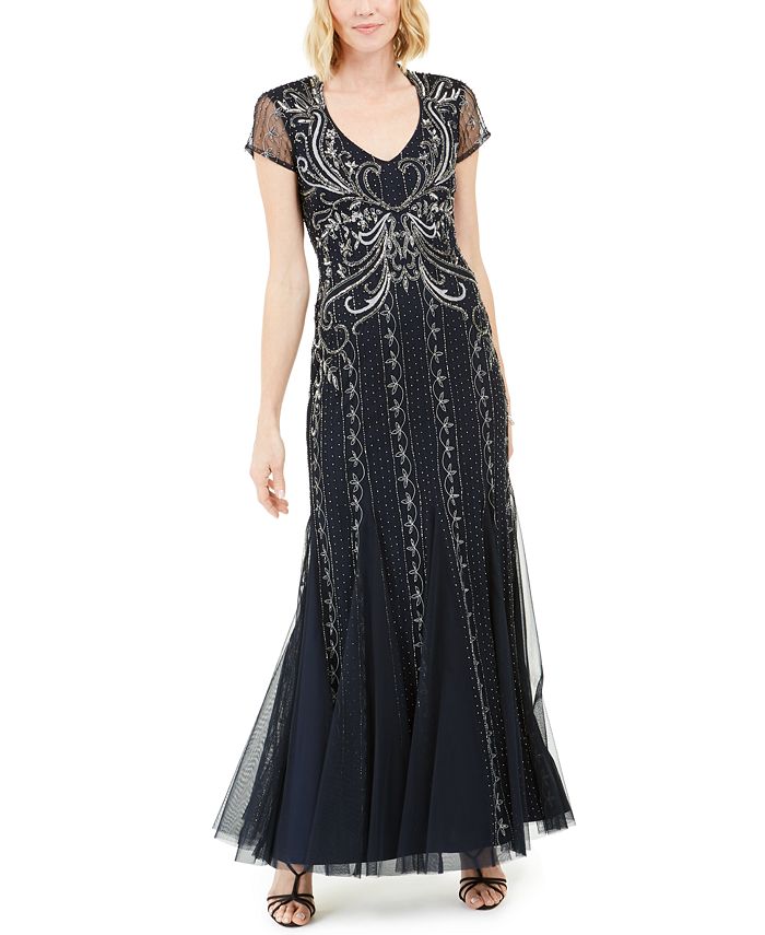 Adrianna Papell Beaded Short-Sleeve Gown - Macy's