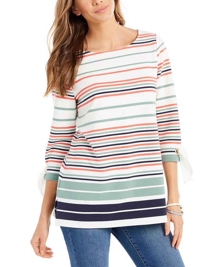 Charter Club Petite Striped Tie-Sleeve Top, Created for Macy's - Macy's
