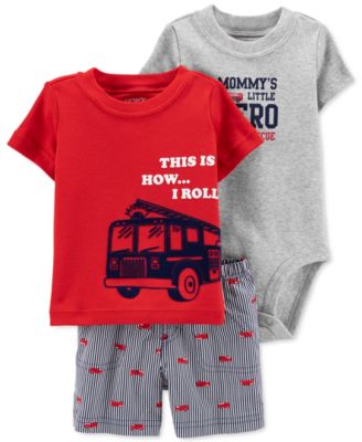 Carter's - Baby Boys 3-Pc. Cotton Firetruck T-Shirt, Bodysuit & Shorts Set
