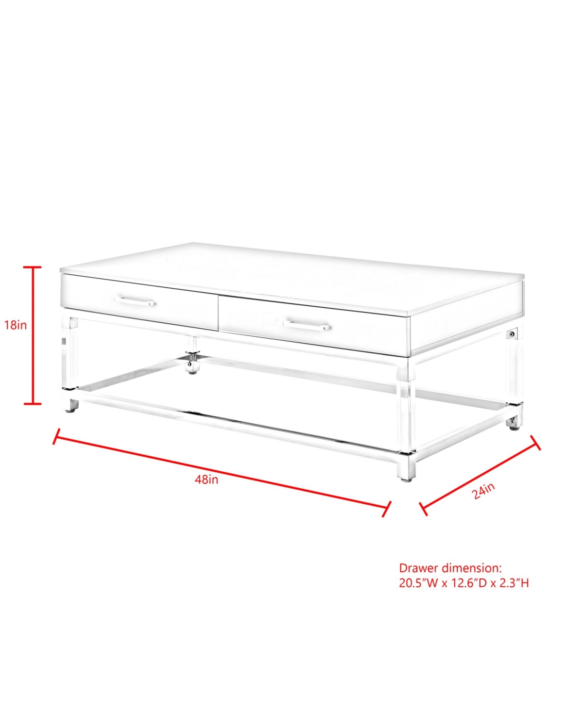 Inspired Home Casandra 2-Drawer High Gloss Coffee Table with Acrylic Legs and Metal Base