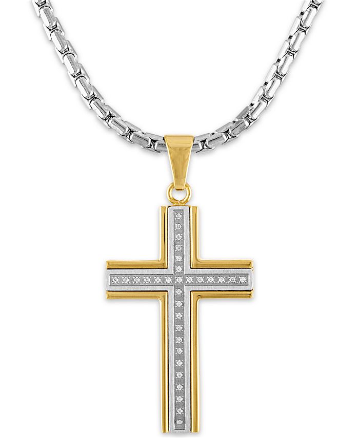 Macy's - Men's 1/6 Carat Diamond Cross Pendant 22" Chain in Stainless Steel and Gold Tone Ion Plating