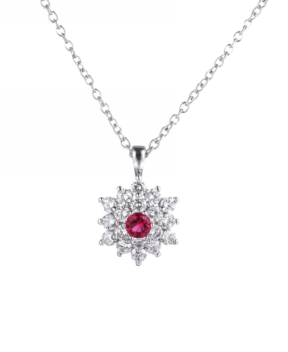 Silver-Tone Ruby Accent Flower Pendant Necklace - Silver-Tone
