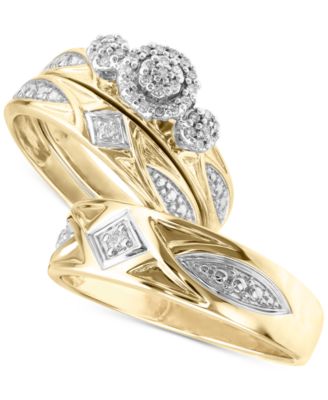Yellow Gold Over Diamond Wedding Trio His Her Bridal Band Engagement Ring Set 