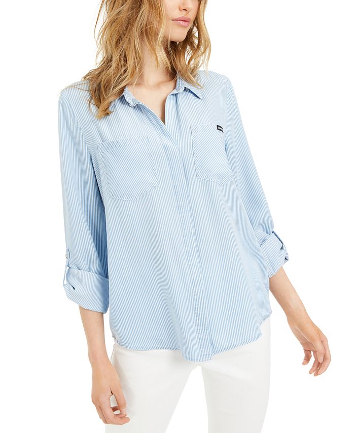 Calvin Klein Women's Split Hem Button Down Shirt with Roll Tab Sleeves