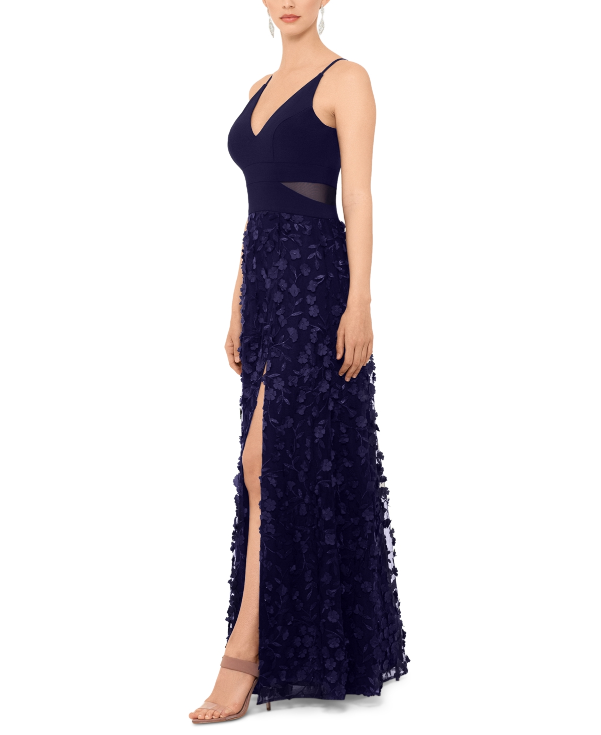 Xscape Flower-skirt Gown In Navy