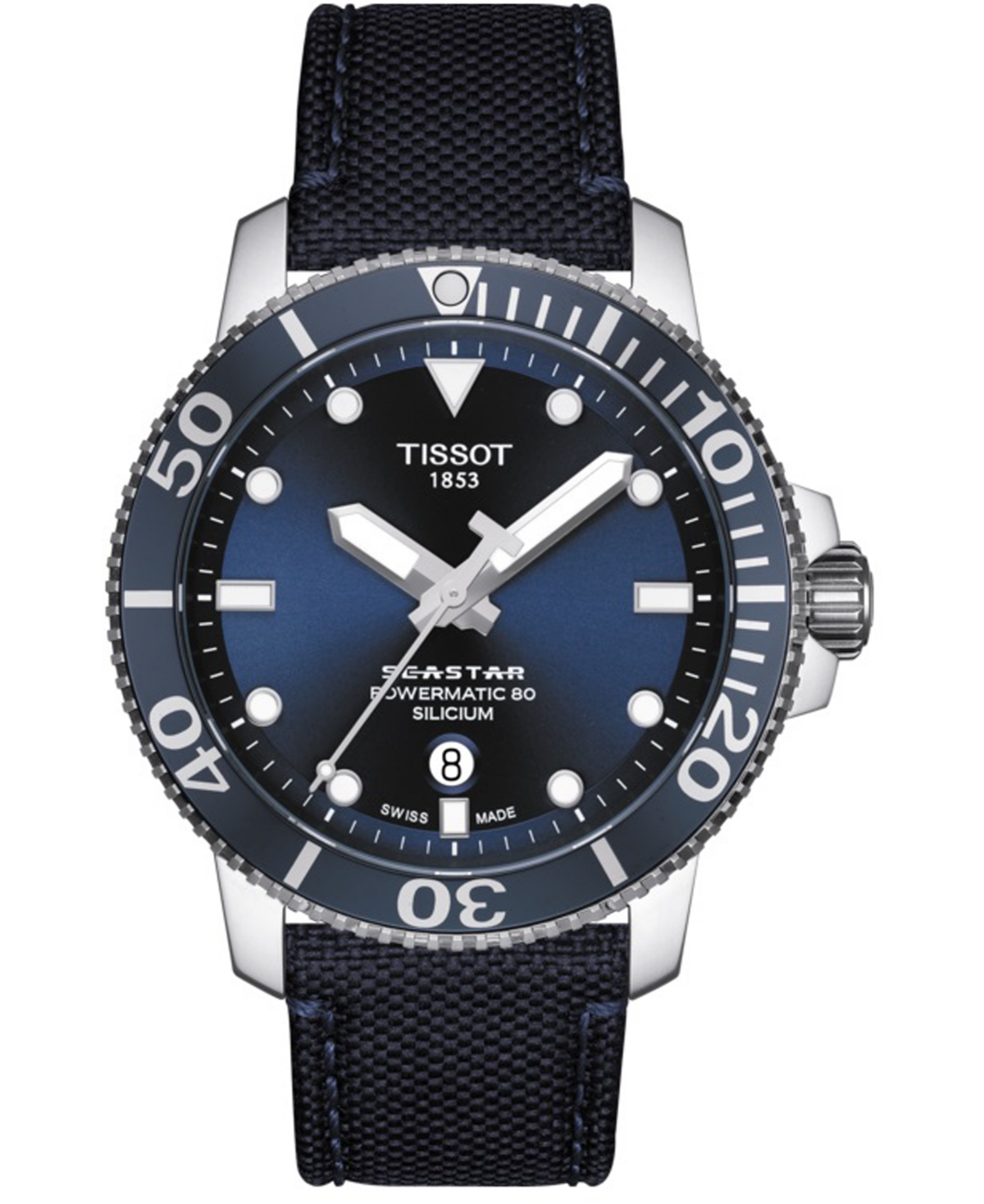 Shop Tissot Men's Swiss Automatic T-sport Seastar 1000 Powermatic 80 Silicium Blue Fabric Strap Diver Watch 43mm