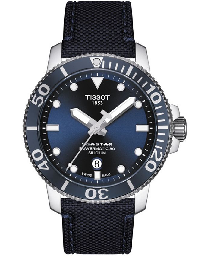 Tissot - Men's Swiss Automatic T-Sport Seastar 1000 Powermatic 80 Silicium Blue Fabric Strap Watch 43mm