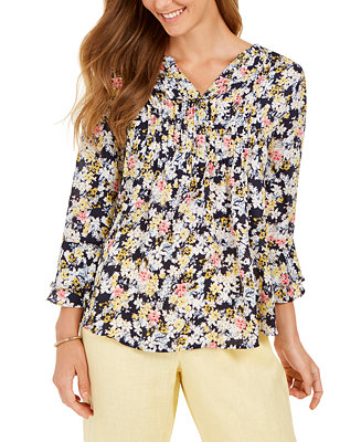 Charter Club Floral-Print Double-Ruffle Pintuck Top, Created for Macy's ...