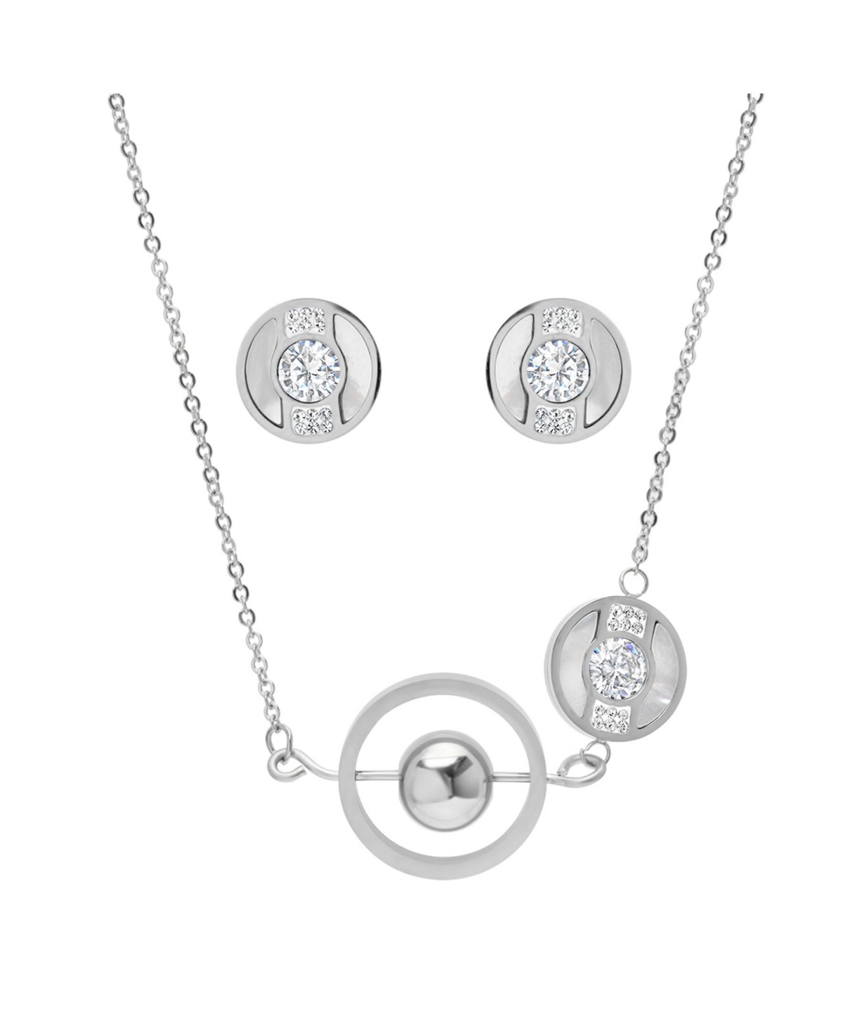 Ladies Stainless Steel Circle and Bar Design Necklace Set, 2 Piece - Silver-Plated