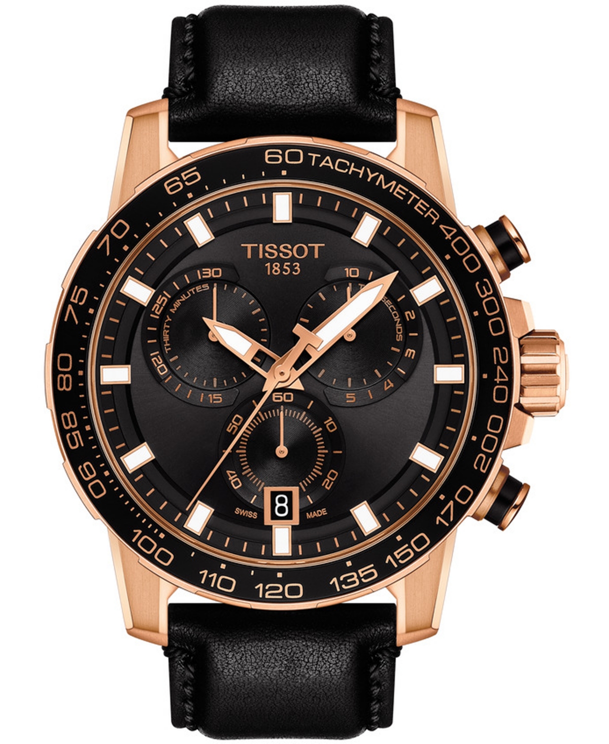 Men's Swiss Chronograph Supersport T-Sport Black Leather Strap Watch 46mm - Black