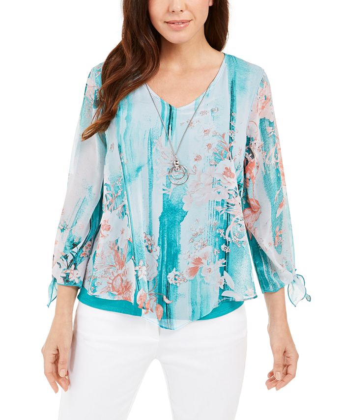 JM Collection Printed Tie-Sleeve Necklace Top, Created for Macy's ...