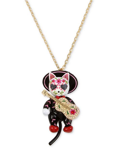 Betsey Johnson Gold Tone Sugar Skull Mariachi Cat Pendant Necklace