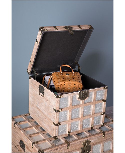 Vintiquewise Wooden Square Galvanized Metal Lined Storage Trunk, Set Of