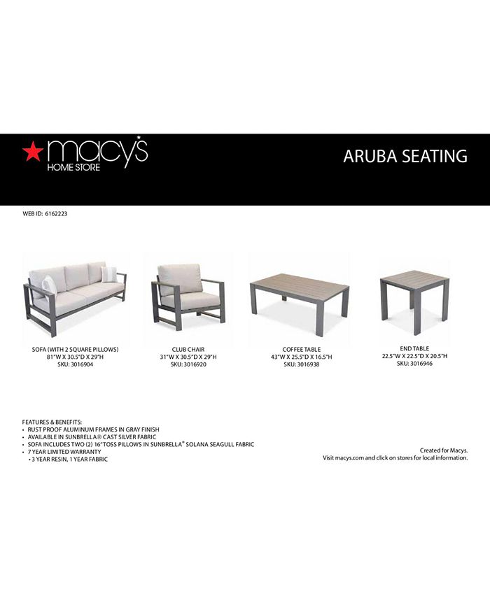 Furniture Aruba Grey Aluminum Outdoor Sofa with Sunbrella® Cushion