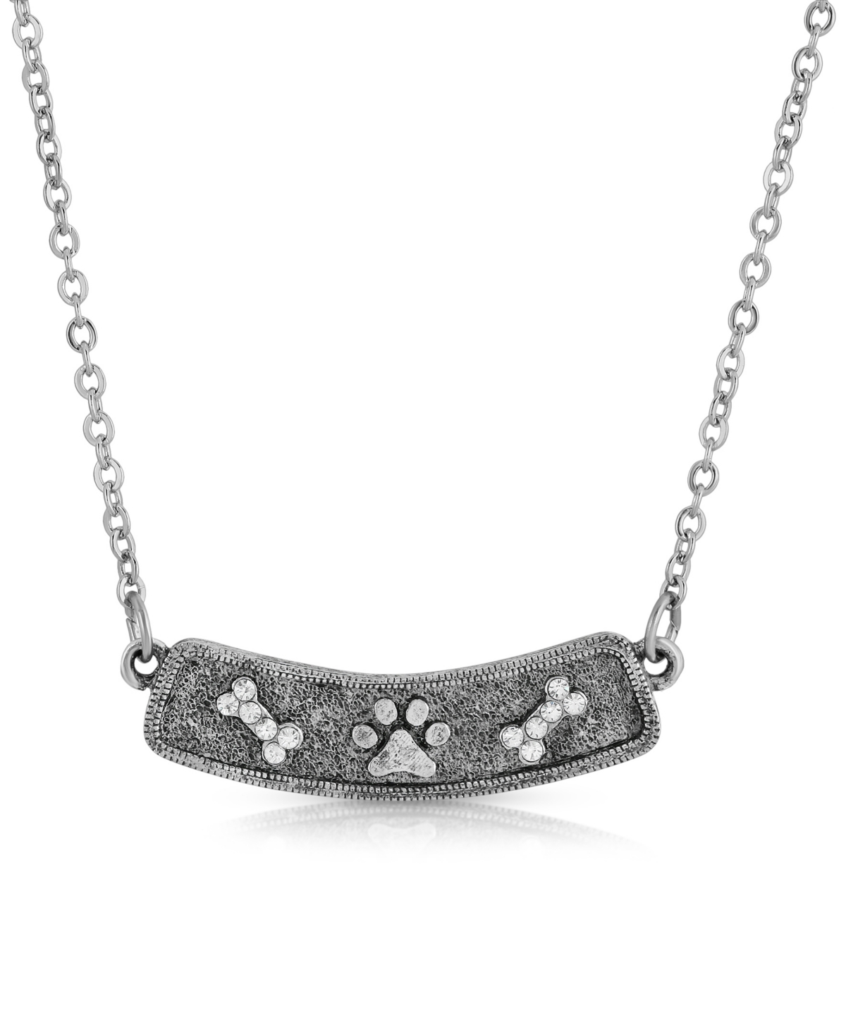 2028 Pewter Crystal Bone And Paw Bar Necklace In Silver
