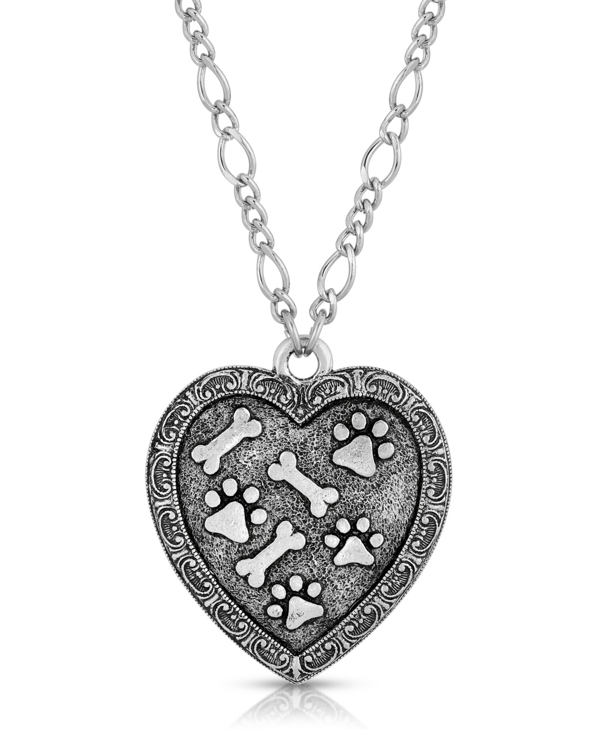 2028 Pewter Heart Paw And Bones Necklace In Silver