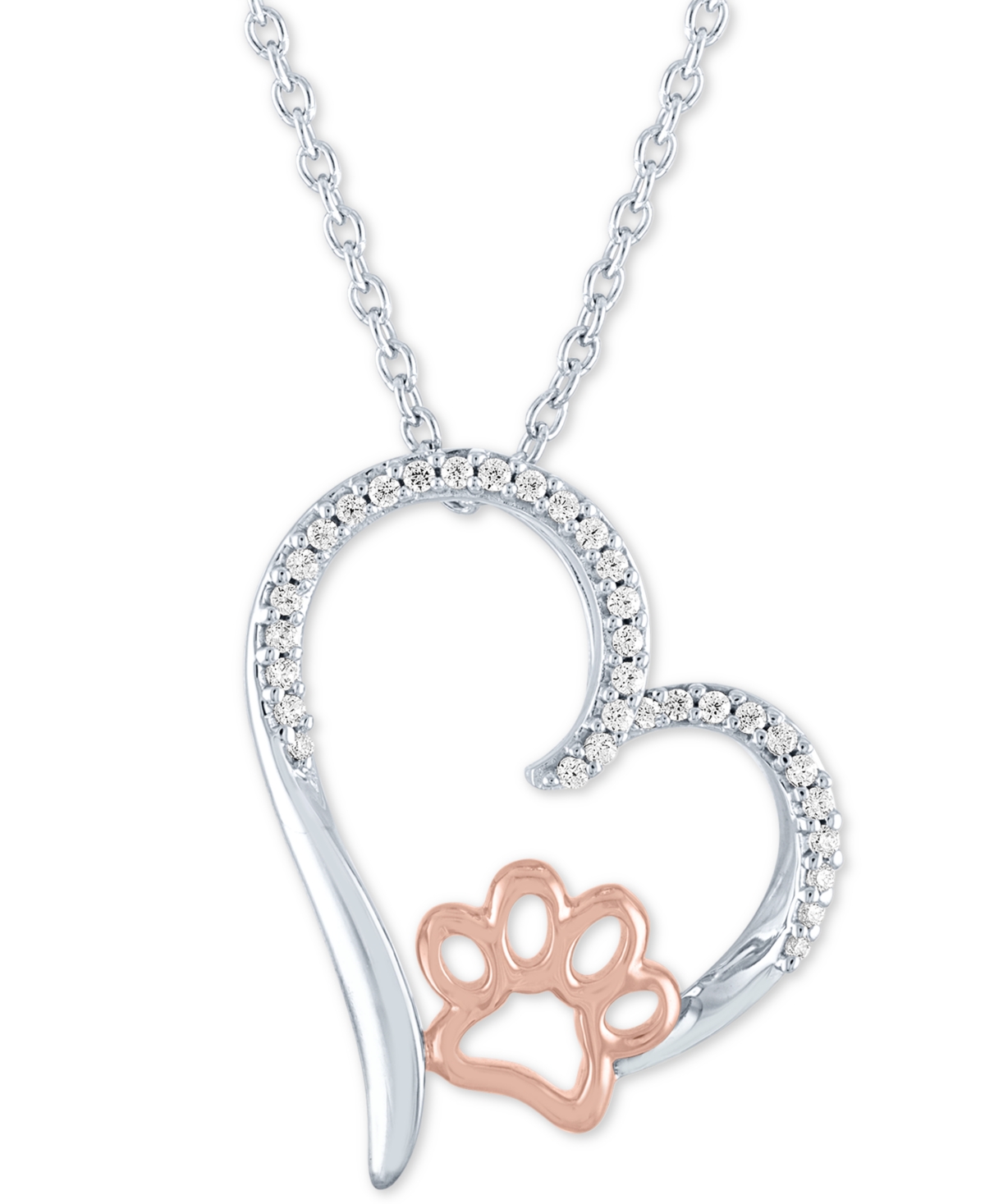 Macy's Diamond Heart & Paw Pendant Necklace (1/10 Ct. T.w.) In Sterling Silver & 14k Rose Gold-plate, 16" +