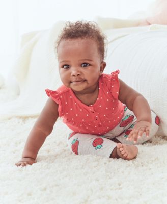 Carter's - Baby Girls 2-Pc. Cotton Dot-Print Bodysuit & StrawberryPrint Pants Set