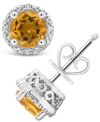 Gemstone (6mm) and Diamond Accent Stud Earrings in Sterling Silver