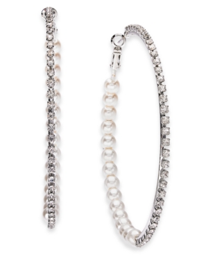 image of Thalia Sodi Silver-Tone Large Crystal & Imitation Pearl Hoop Earrings, 2.75