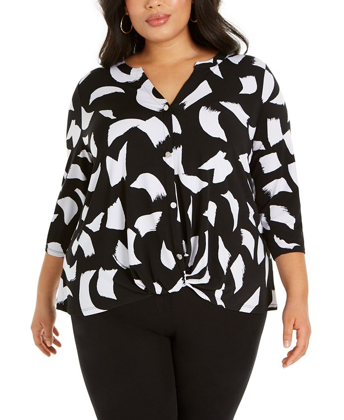 Alfani Plus Size Printed Button-Up Twist-Front Top, Created for Macy's ...