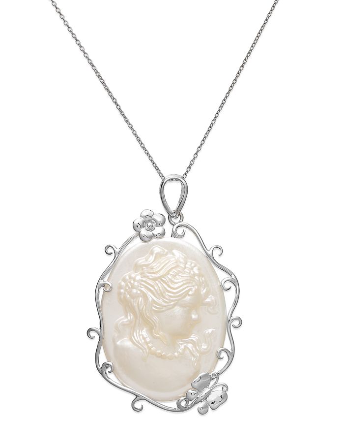 Macy's Sterling Silver Necklace, Mother of Pearl Cameo Pendant (45mm x