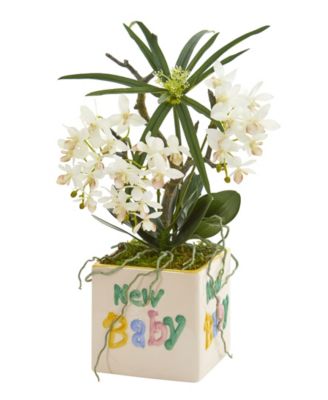 Nearly Natural - 16in. Orchid Phalaenopsis and Cyperus Artificial Arrangement in "New Baby" Vase