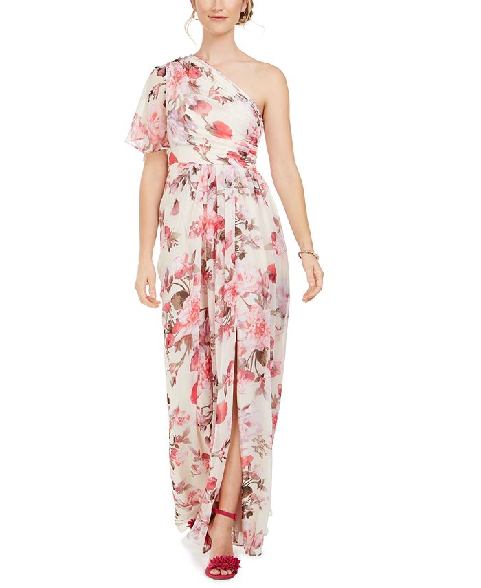 Adrianna Papell One Shoulder Floral Print Chiffon Gown Macy s