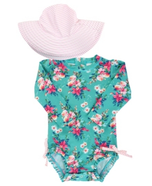 RuffleButts Toddler Girls Ruffled 1-Piece Rash Guard and Swim Hat Set