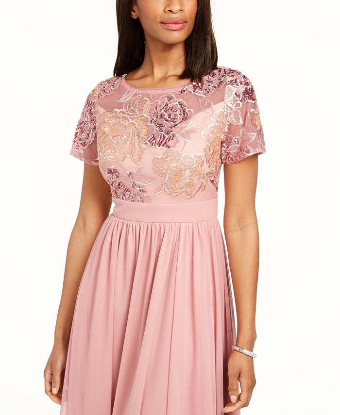 r&m richards embroidered sequin panel gown
