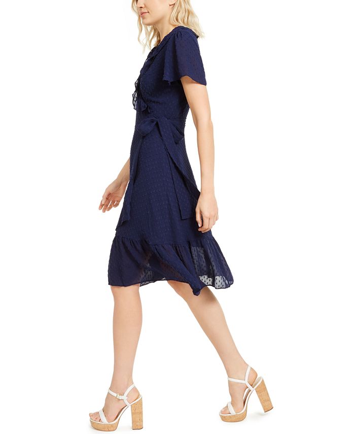 Michael Kors Women's Faux Wrap Long Sleeve Smocked Ruffle Dress Blue Size Large