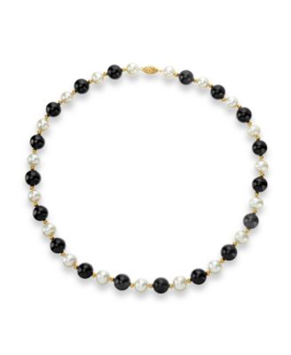 Macy's - White Freshwater Cultured Pearl (9-9.5mm) with Black Onyx (10mm) and Gold Beads (3mm) 18" Necklace in 14k Yellow Gold