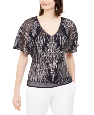image of R & M Richards Sequin V-Neck Blouse