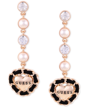 image of Guess Gold-Tone Crystal & Imitation Pearl Woven Logo Heart Linear Drop Earrings