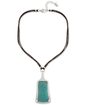 image of Robert Lee Morris Soho Silver-Tone Patina Disk & Leather Strap Statement Necklace, 18
