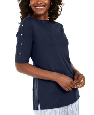 Karen Scott - Studded Elbow-Sleeve Boat-Neck Top