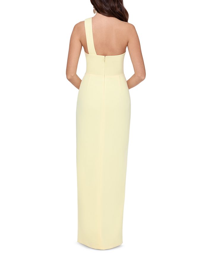 xscape side ruched double strap crepe gown