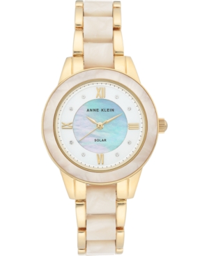 image of Anne Klein Women-s Considered Solar-Powered Gold-Tone & Cream Resin Bracelet Watch 34mm