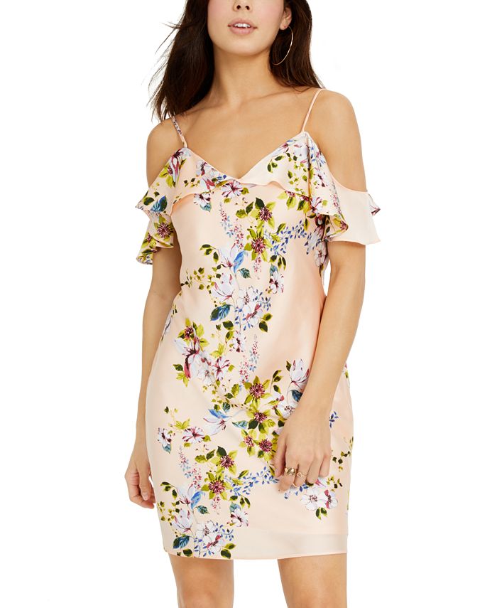 Bebe Juniors Cold Shoulder Ruffled Floral Print Bias Mini Dress Reviews Dresses Juniors Macy S