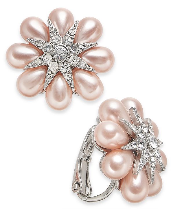 Charter Club INC SilverTone Crystal & Imitation Pearl Flower ClipOn