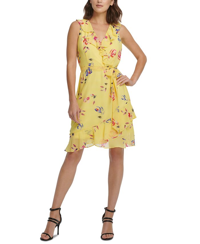 DKNY Floral-Print Ruffled Belted Dress - Macy's