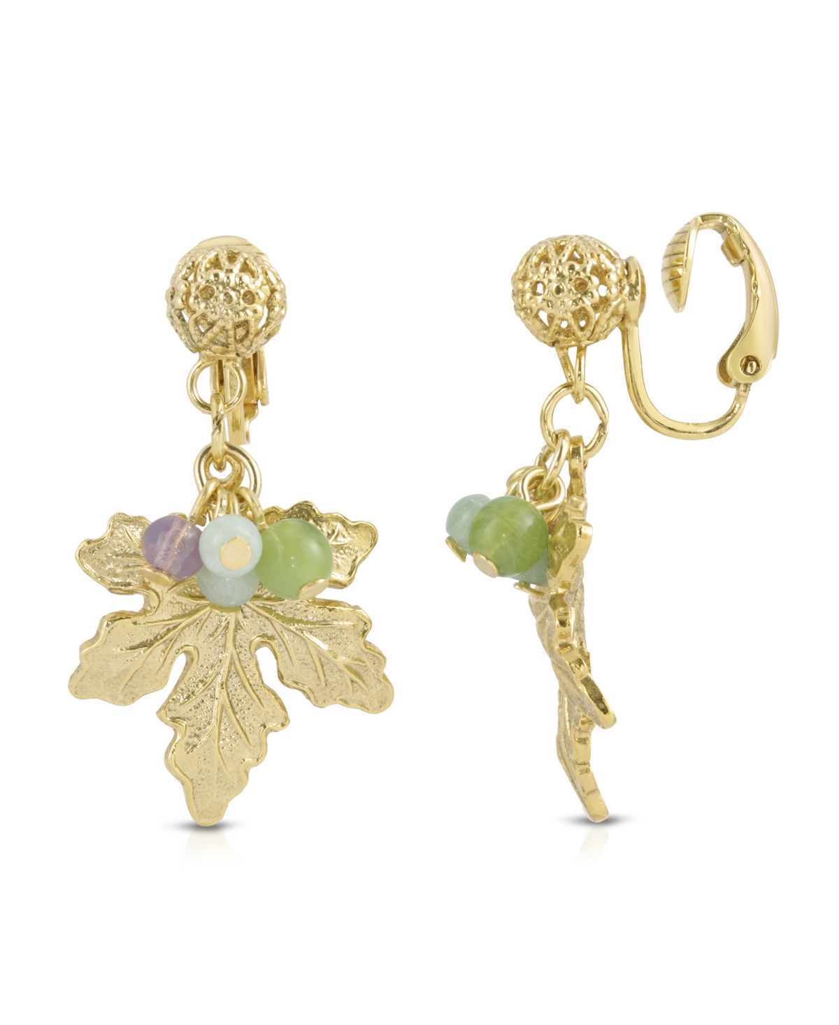 2028 14k Gold-dipped Multi-color Beaded Grape Leaf Clip Earrings In Gold
