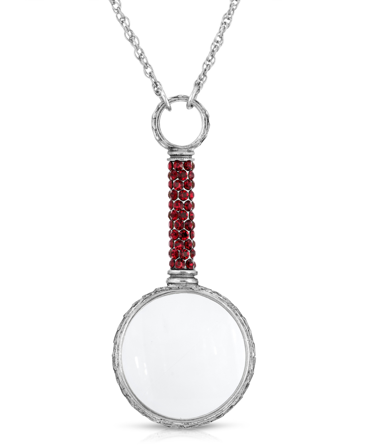 2028 Pewter Crystal Magnifying Glass 30" Necklace In Red