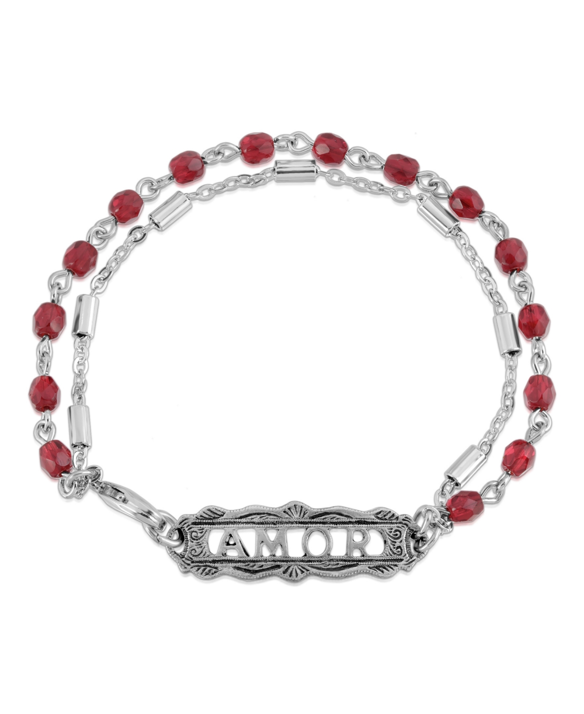 2028 Pewter Amor Beaded Chain Bracelet In Red