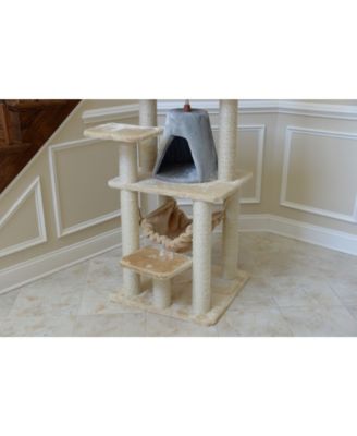 65" Real Wood Cat Tree with Sisal Rope, Hammock, and Soft-Side Playhouse - Model A6501