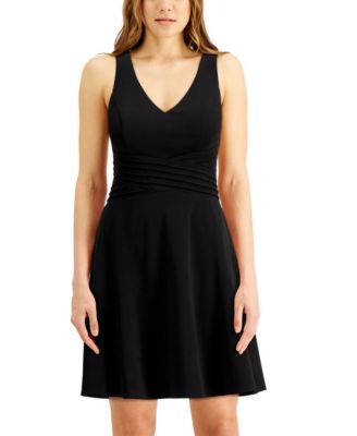 black v neck fit and flare dress