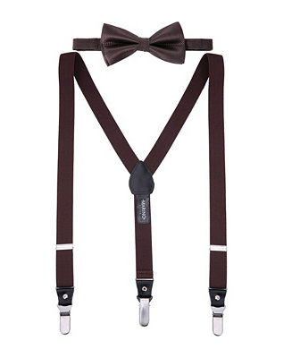 Black + Black bowtie Child Boys Adjustable Silk Bowties & Suspender Sets Y Back Metal Clips Genuine Leather Suspenders 