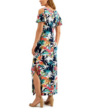 Connected Petite Printed Cold-Shoulder Maxi Dress - Macy's