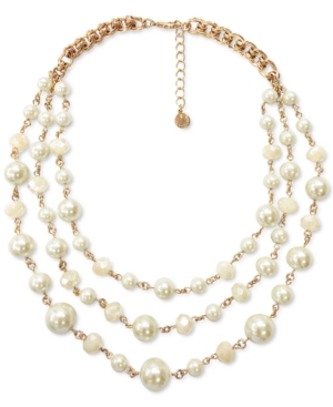 image of Charter Club Gold-Tone Imitation Pearl & Bead Layered Collar Necklace, 17